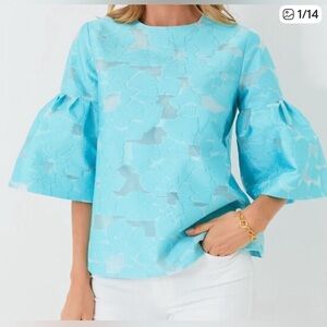 Tuckernuck Cyan Fil Coupe Harper Bell Sleeve Blouse Aqua Floral Sheer Lined Top